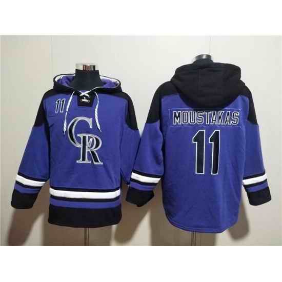 Men Colorado Rockies 11 Mike Moustakas Purple Ageless Must Have Lace Up Pullover Hoodie